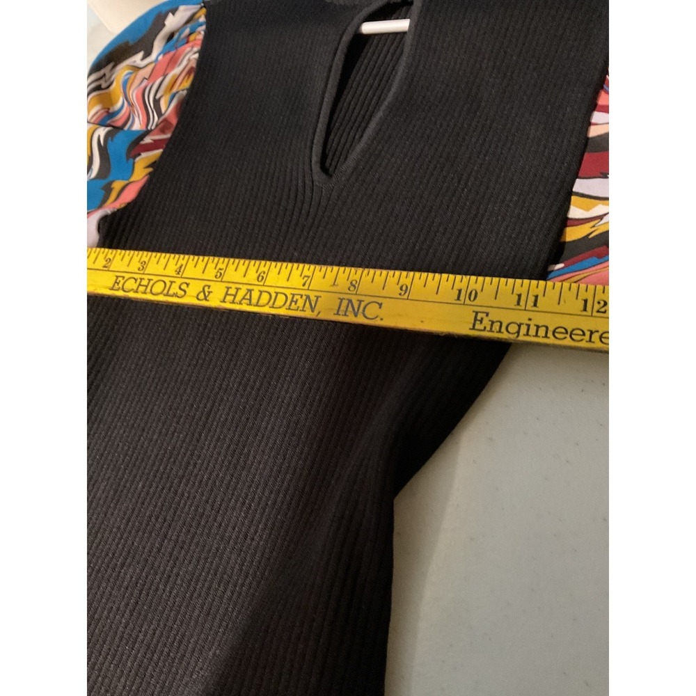 New York & Company Black Ribbed Knit Midi Dress Abstract Puff Sleeve Keyhole M - Picture 7 of 10